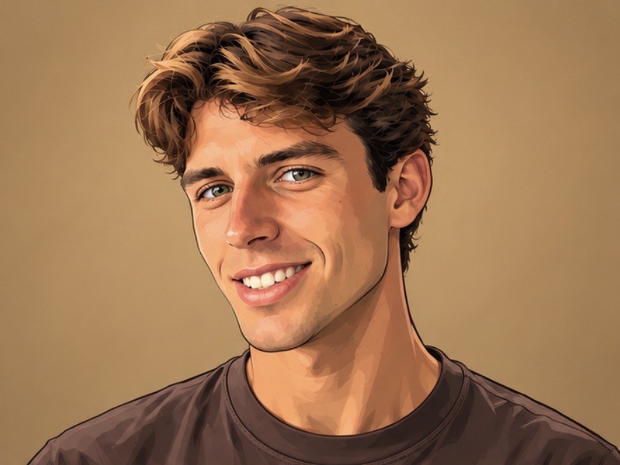 Illustrated portrait of Jack Dickinson smiling, wearing a brown t-shirt against a warm tan background
